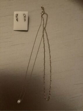 Gold-Tone Pearl Pendant Double Chains  Necklace Fashion Jewelry & Free Earrings